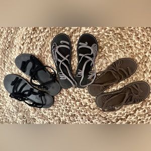 Adorable Plaka sandals- 3 pairs - all size 8 - Colors: grey, olive & black